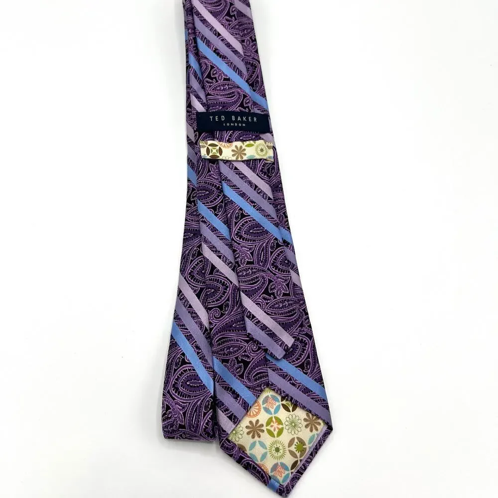 Ted Baker London Purple Paisley with Blue Stripe Tie 100% Silk Made in USA - Picture 6 of 6